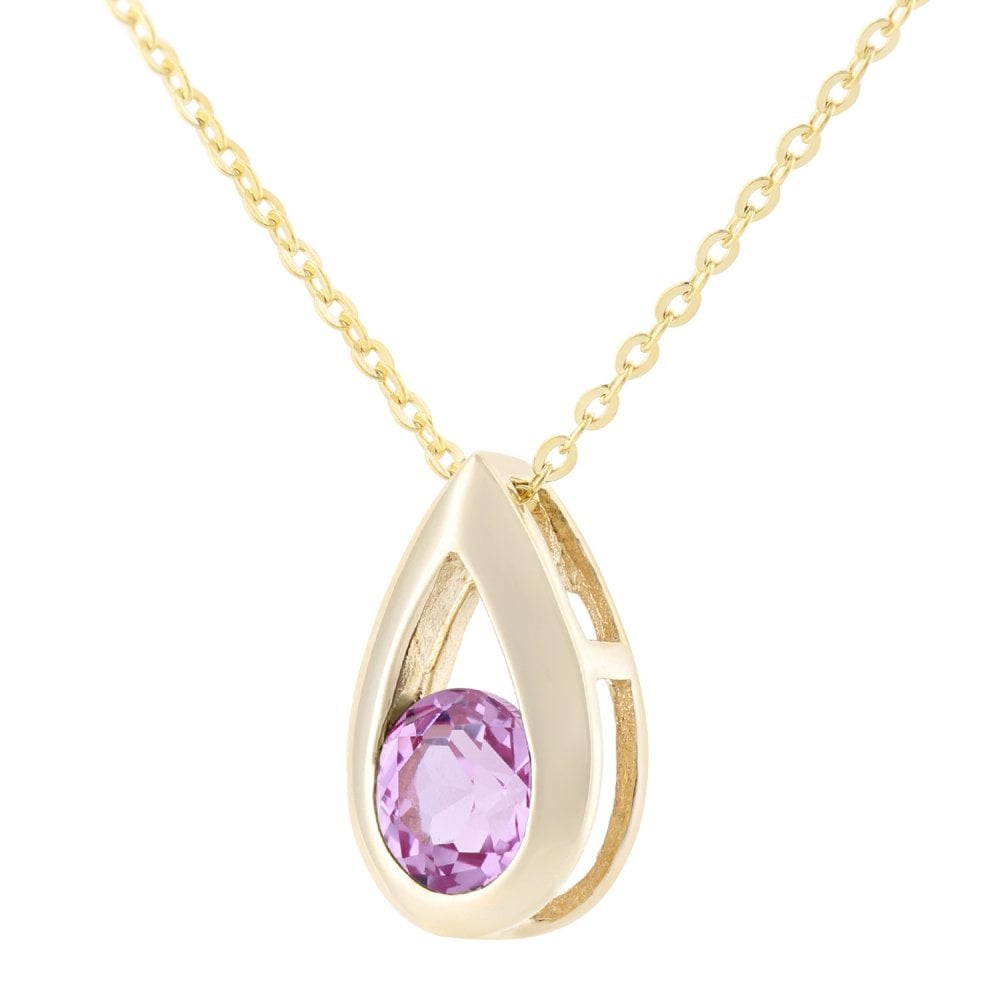 SPARKLD 9ct Yellow Gold Created Pink Sapphire Teardrop Pendant necklace