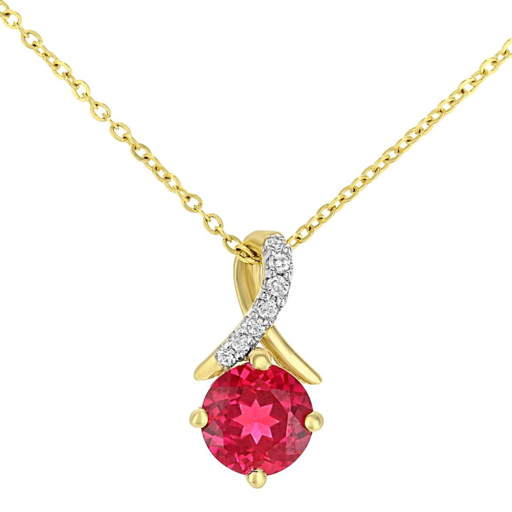 SPARKLD 9ct Yellow Gold Created Ruby and 0.03ct Diamond Twist Pendant Necklace