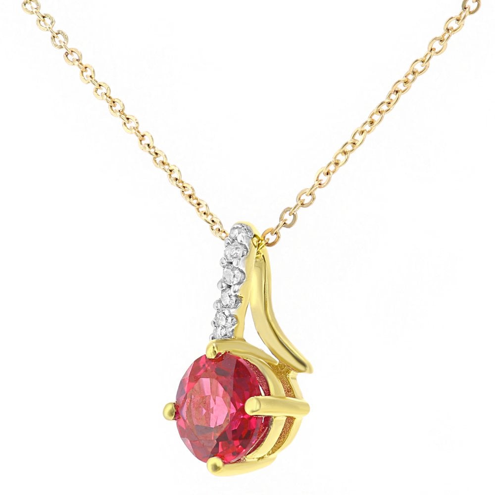 SPARKLD 9ct Yellow Gold Created Ruby and 0.03ct Diamond Twist Pendant Necklace
