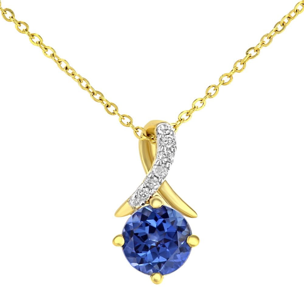 SPARKLD 9ct Yellow Gold Created Tanzanite and 0.03ct Diamond Twist Pendant Necklace