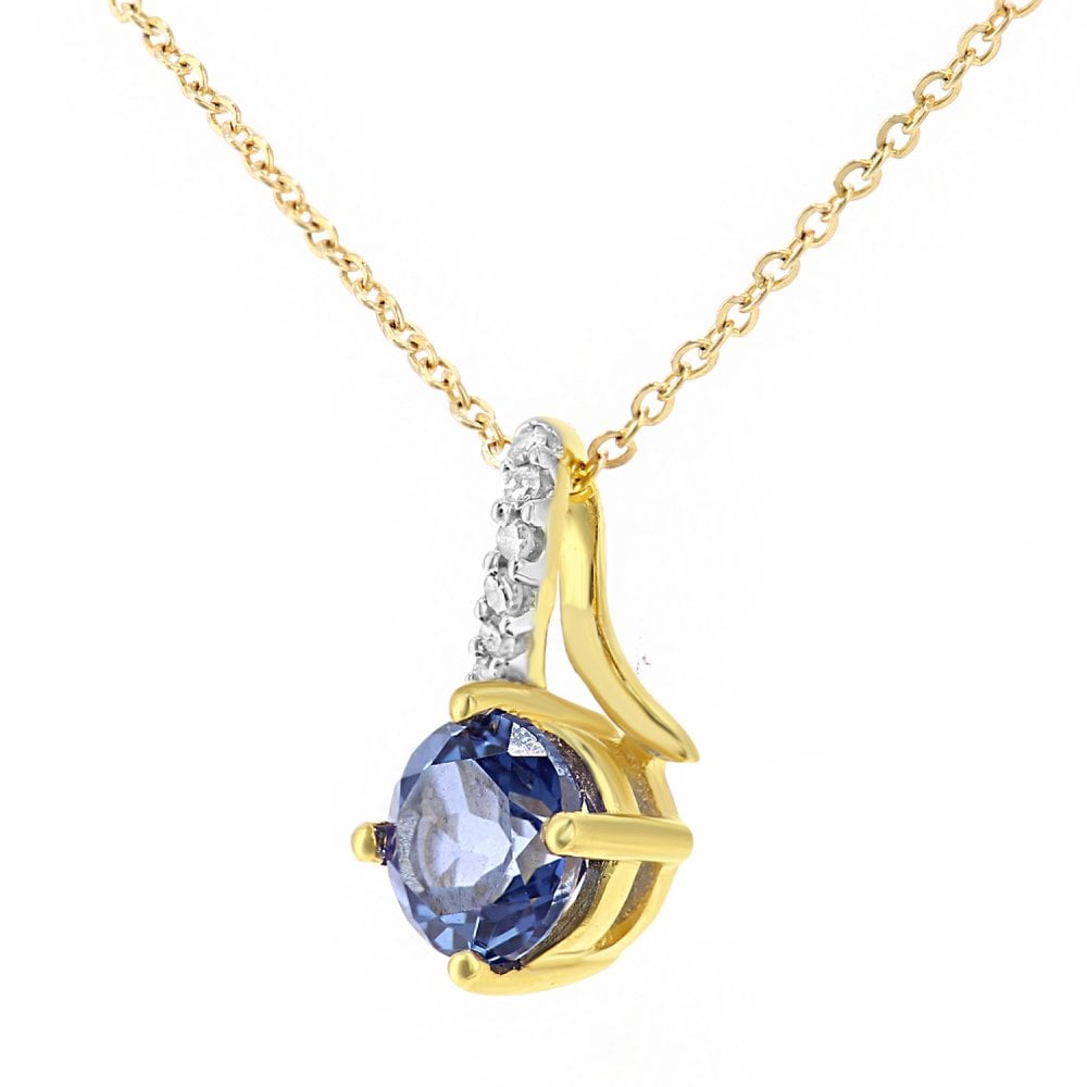 SPARKLD 9ct Yellow Gold Created Tanzanite and 0.03ct Diamond Twist Pendant Necklace