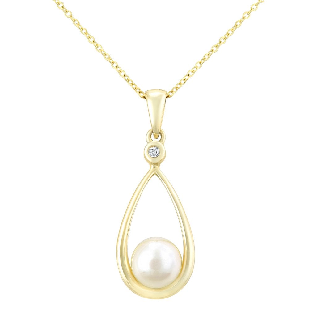 SPARKLD 9ct Yellow Gold Cultured Pearl and 0.01ct Diamond Teardrop Pendant Necklace