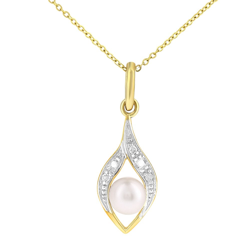 SPARKLD 9ct Yellow Gold Cultured Pearl and 0.02ct Diamond Pendant Necklace