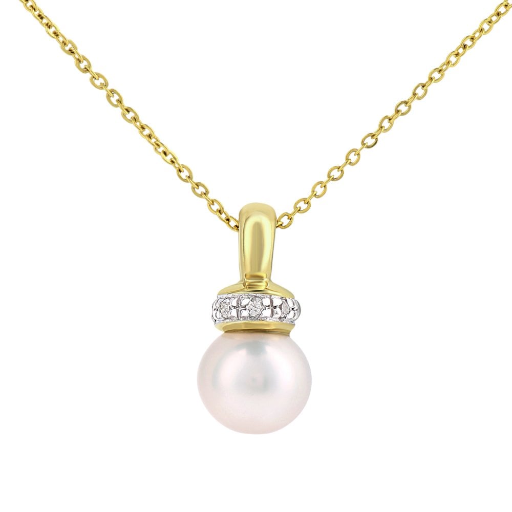 SPARKLD 9ct Yellow Gold Cultured Pearl and 0.03ct Diamond Pendant Necklace
