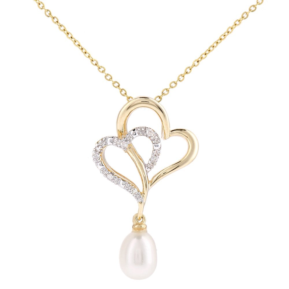SPARKLD 9ct Yellow Gold Cultured Pearl Heart 0.02ct Diamond Pendant Necklace