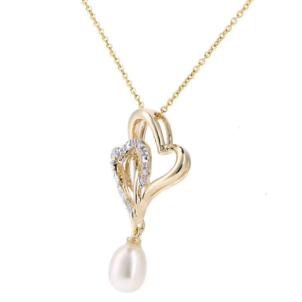 SPARKLD 9ct Yellow Gold Cultured Pearl Heart 0.02ct Diamond Pendant Necklace