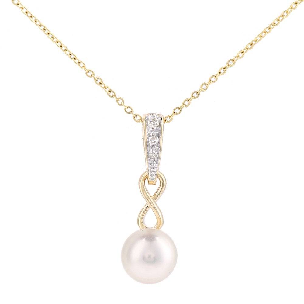 SPARKLD 9ct Yellow Gold Cultured Pearl Infinity 0.02ct Diamond Pendant Necklace