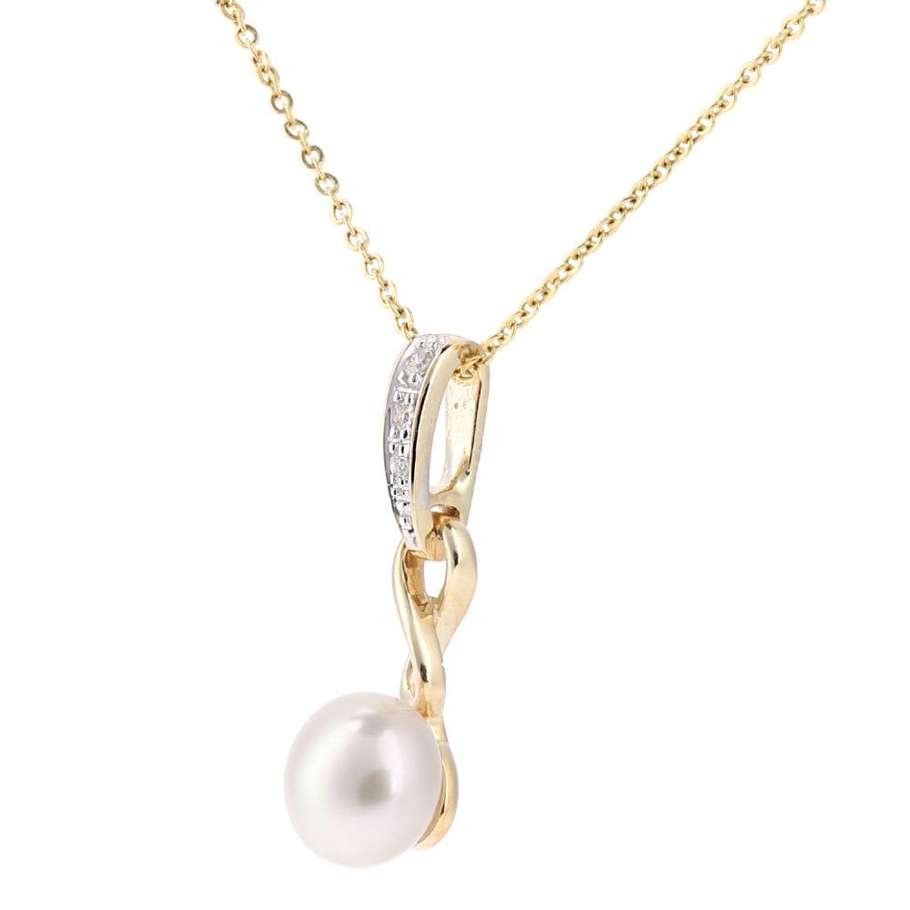 SPARKLD 9ct Yellow Gold Cultured Pearl Infinity 0.02ct Diamond Pendant Necklace