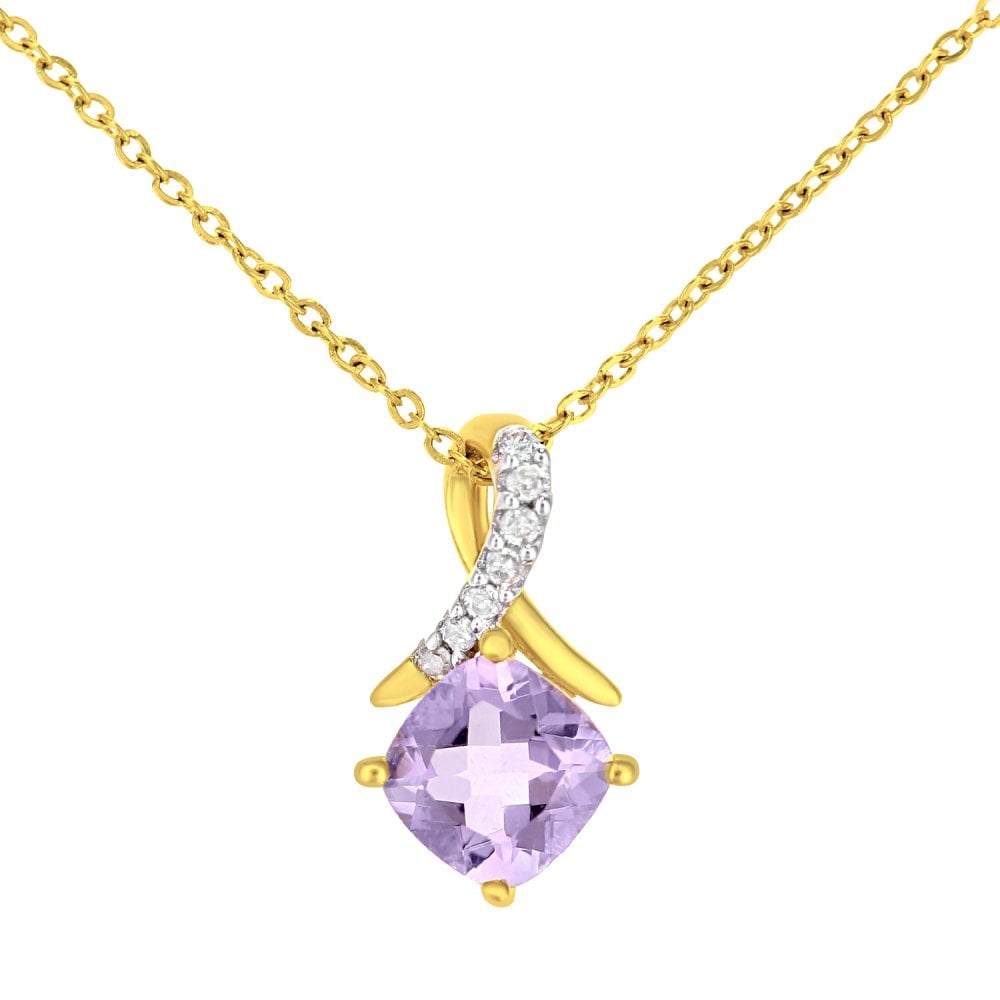 SPARKLD 9ct Yellow Gold Cushion Amethyst Crossover 0.02ct Diamond Pendant Necklace
