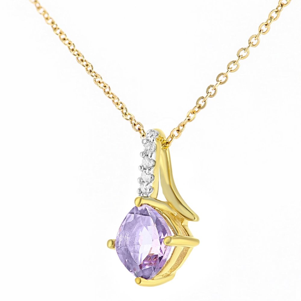 SPARKLD 9ct Yellow Gold Cushion Amethyst Crossover 0.02ct Diamond Pendant Necklace