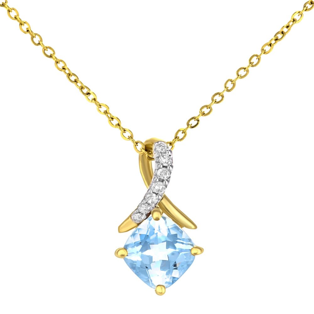 SPARKLD 9ct Yellow Gold Cushion Blue Topaz Crossover 0.02ct Diamond Pendant Necklace