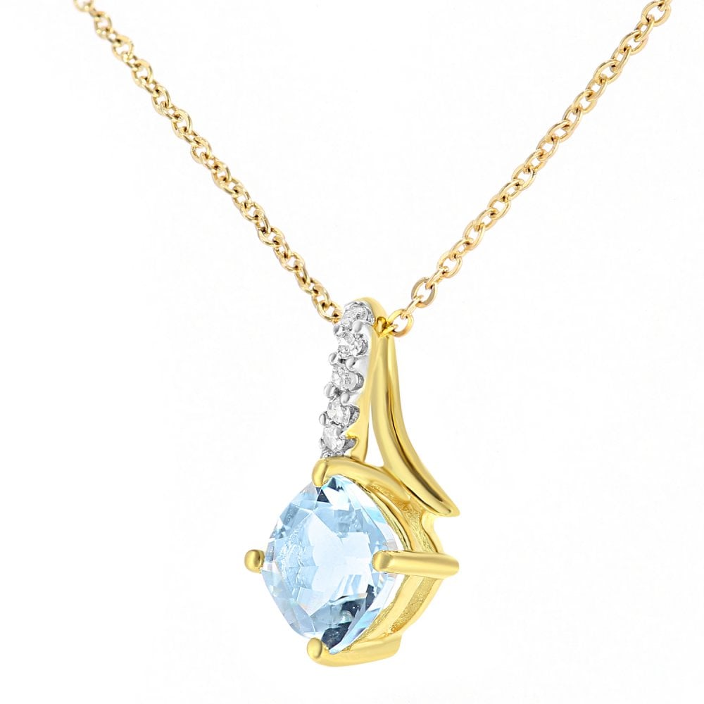 SPARKLD 9ct Yellow Gold Cushion Blue Topaz Crossover 0.02ct Diamond Pendant Necklace