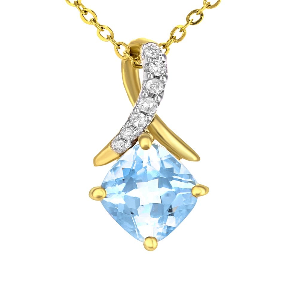 SPARKLD 9ct Yellow Gold Cushion Blue Topaz Crossover 0.02ct Diamond Pendant Necklace
