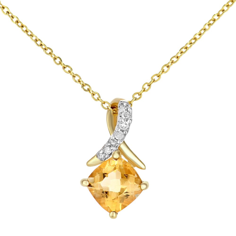 SPARKLD 9ct Yellow Gold Cushion Citrine Crossover 0.02ct Diamond Pendant Necklace