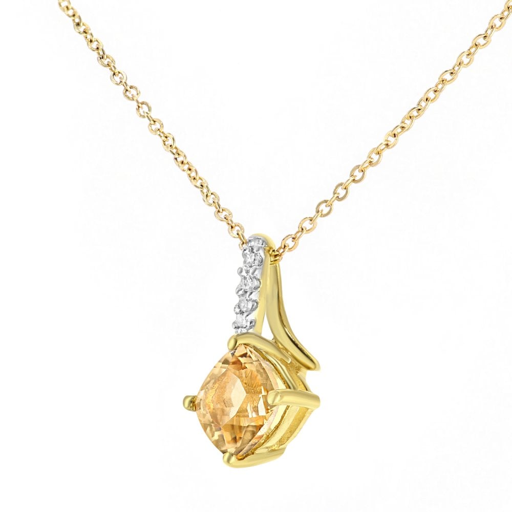 SPARKLD 9ct Yellow Gold Cushion Citrine Crossover 0.02ct Diamond Pendant Necklace