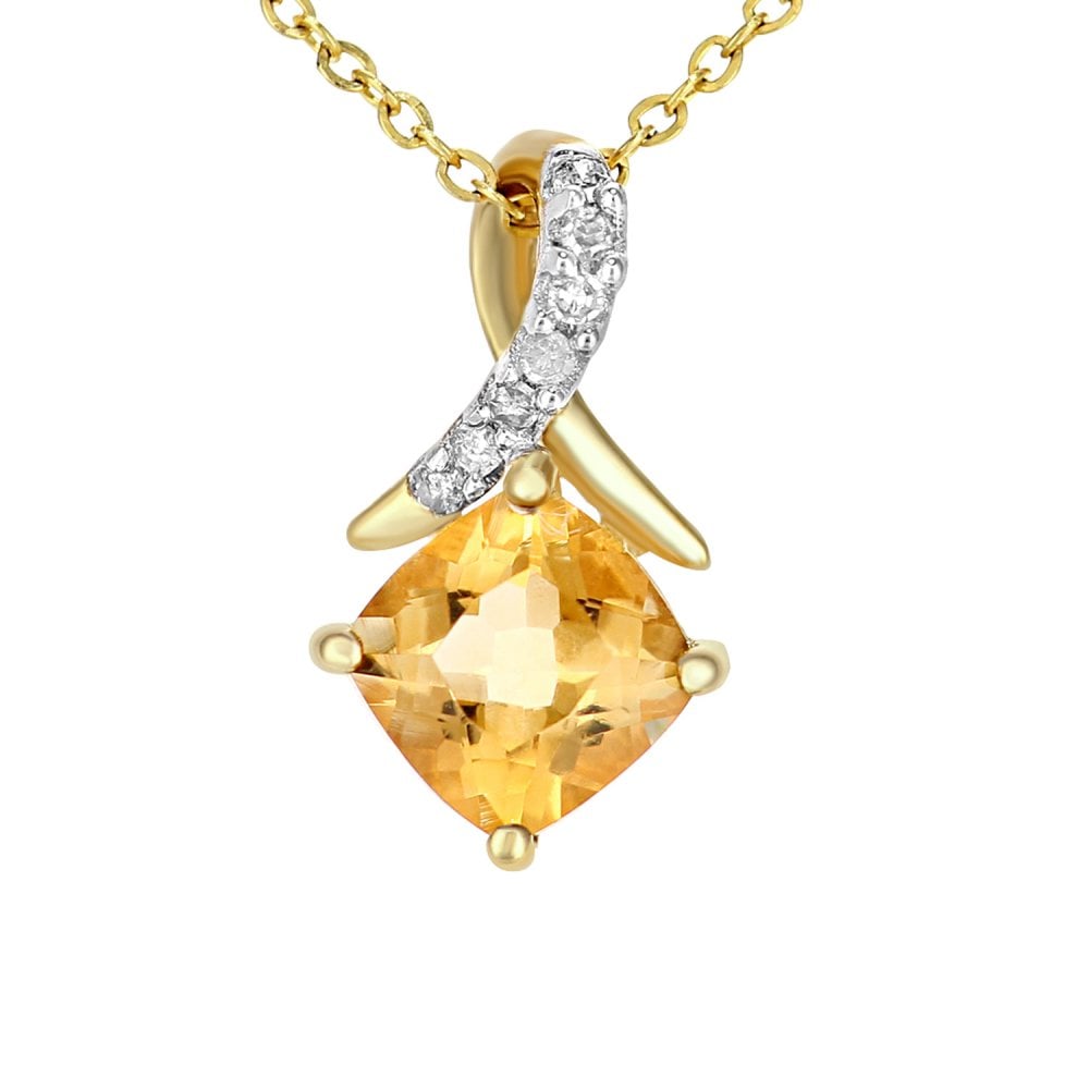 SPARKLD 9ct Yellow Gold Cushion Citrine Crossover 0.02ct Diamond Pendant Necklace