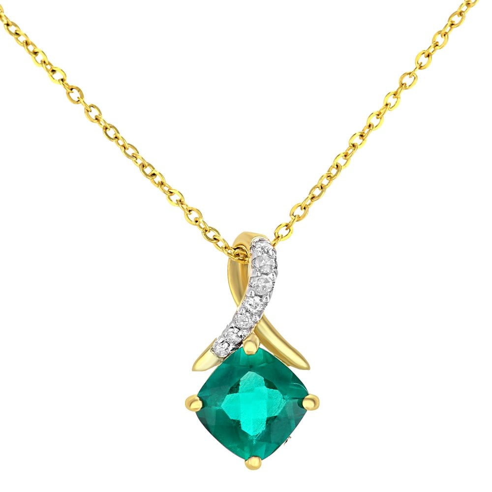 SPARKLD 9ct Yellow Gold Cushion Created Emerald Crossover 0.02ct Diamond Pendant Necklace