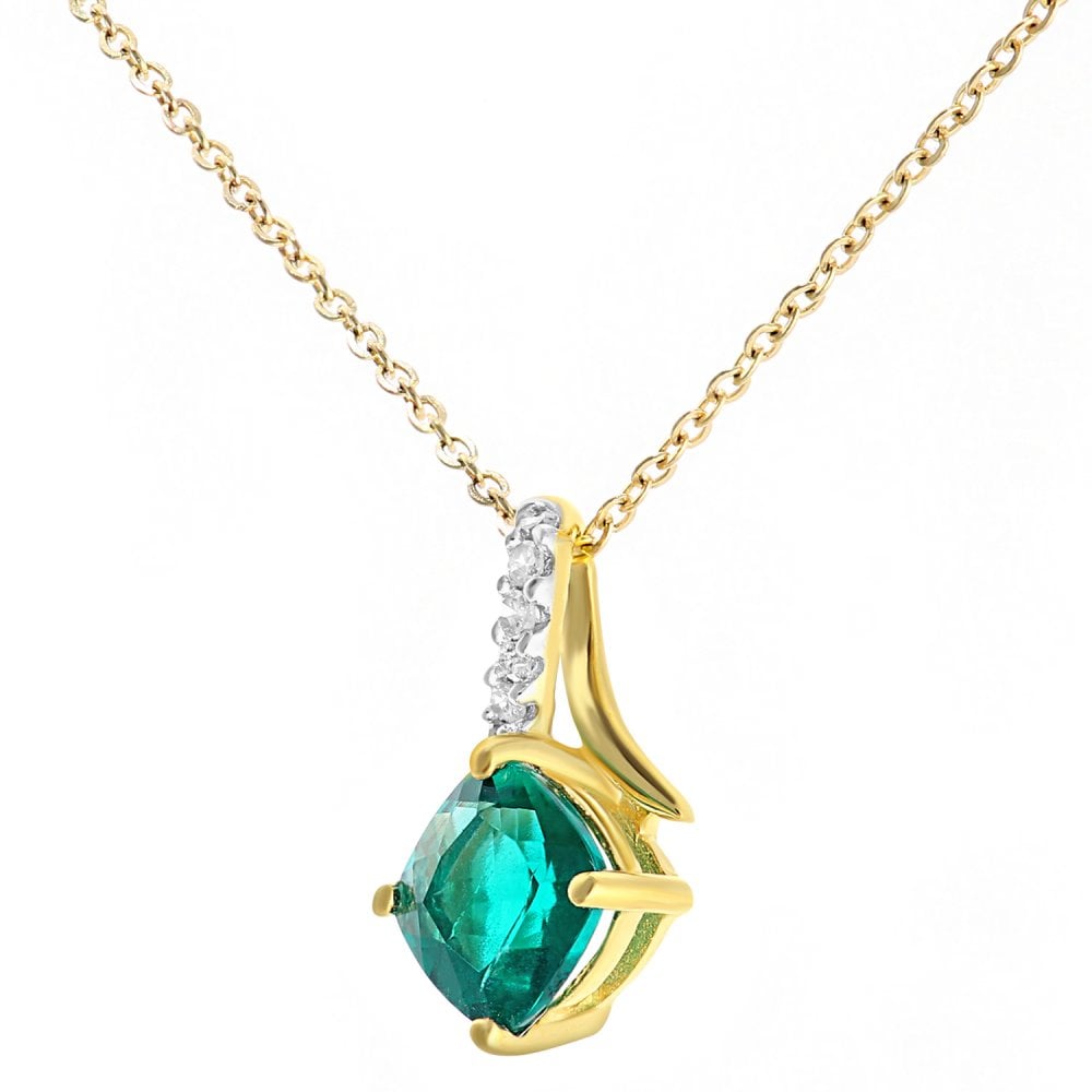 SPARKLD 9ct Yellow Gold Cushion Created Emerald Crossover 0.02ct Diamond Pendant Necklace