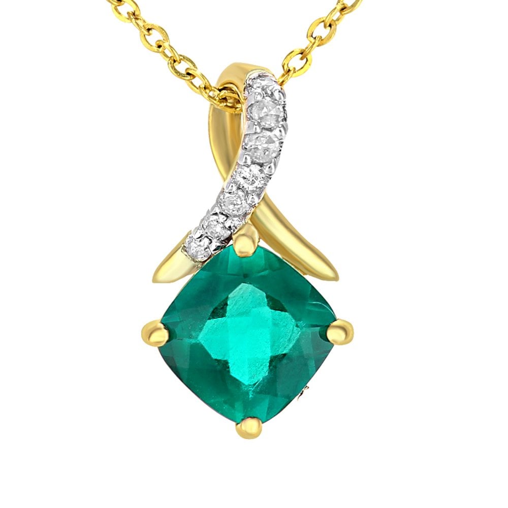 SPARKLD 9ct Yellow Gold Cushion Created Emerald Crossover 0.02ct Diamond Pendant Necklace