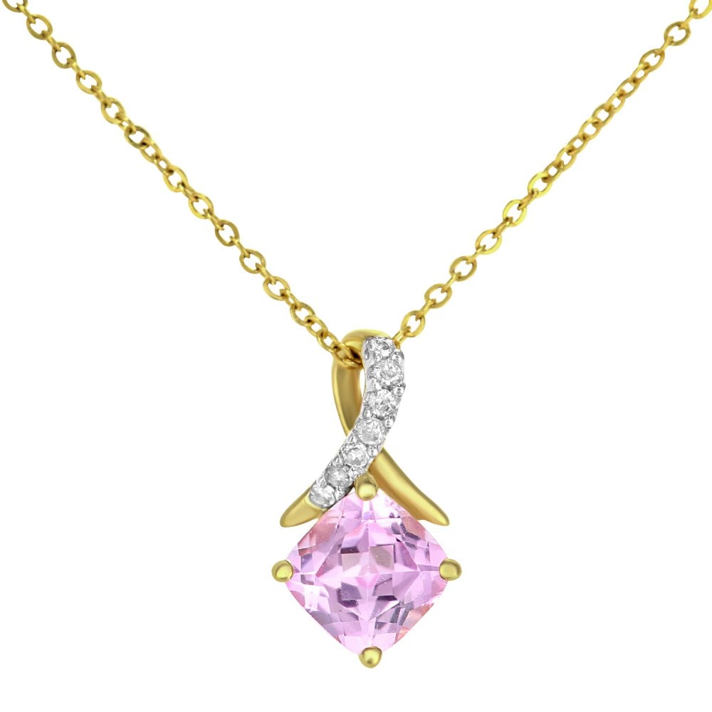 SPARKLD 9ct Yellow Gold Cushion Created Pink Sapphire Crossover 0.03ct Diamond Pendant Necklace
