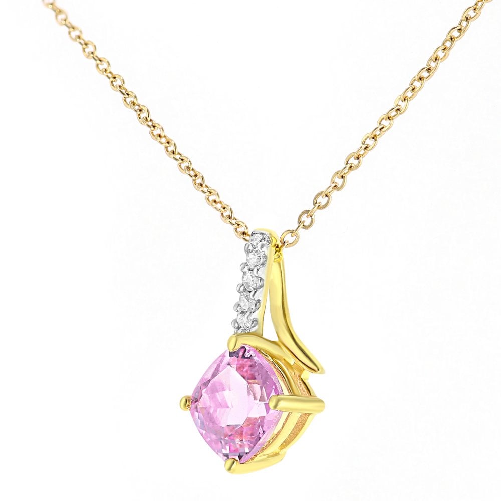 SPARKLD 9ct Yellow Gold Cushion Created Pink Sapphire Crossover 0.03ct Diamond Pendant Necklace