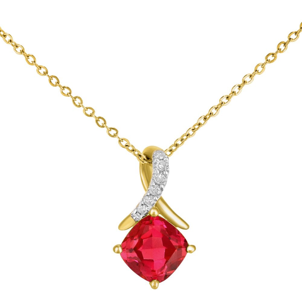 SPARKLD 9ct Yellow Gold Cushion Created Ruby Crossover 0.02ct Diamond Pendant Necklace