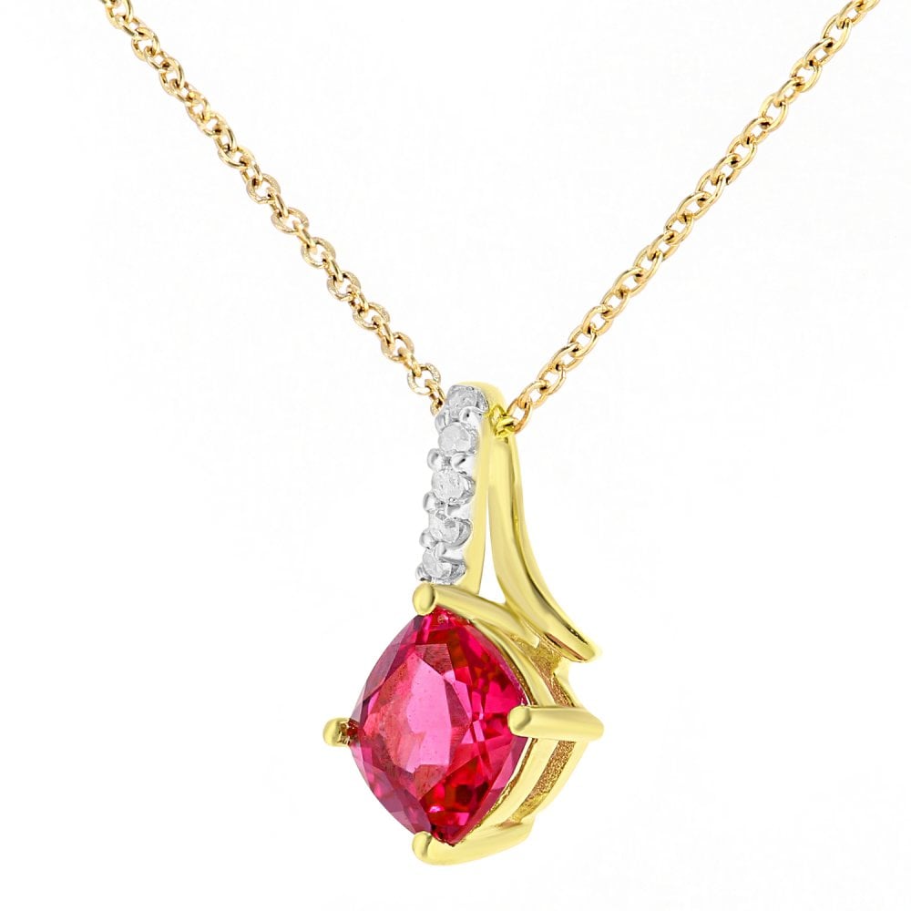 SPARKLD 9ct Yellow Gold Cushion Created Ruby Crossover 0.02ct Diamond Pendant Necklace