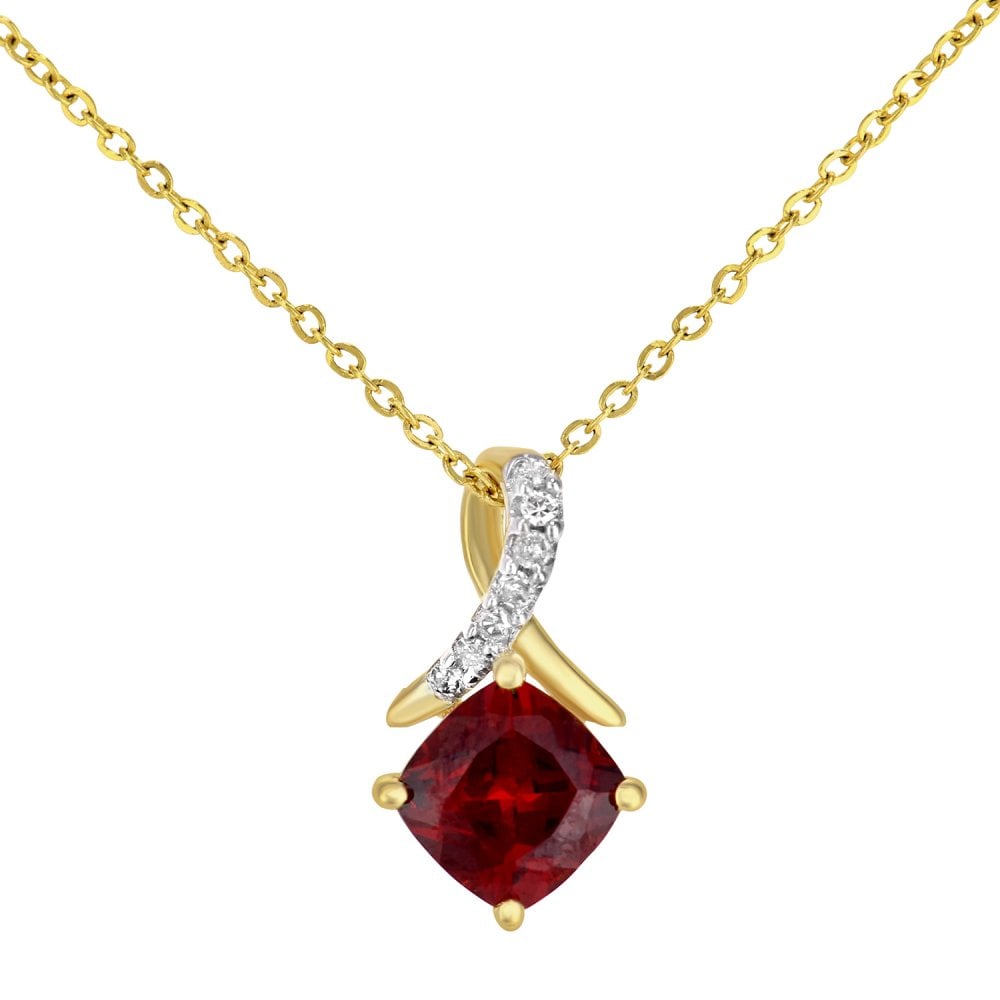 SPARKLD 9ct Yellow Gold Cushion Garnet Crossover 0.03ct Diamond Pendant Necklace