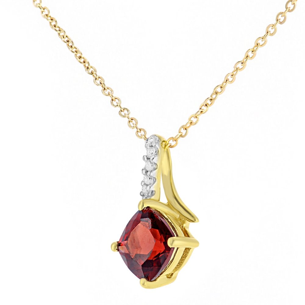 SPARKLD 9ct Yellow Gold Cushion Garnet Crossover 0.03ct Diamond Pendant Necklace