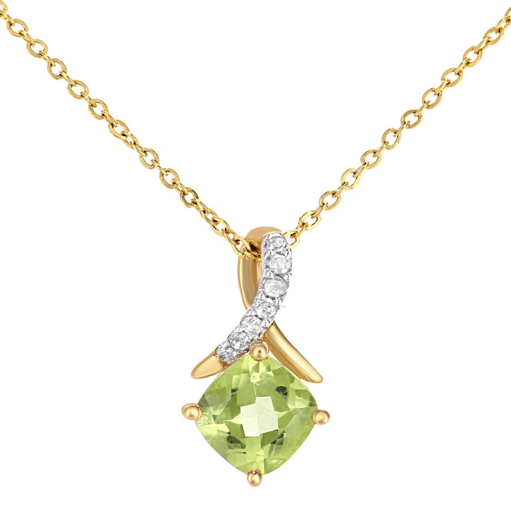 SPARKLD 9ct Yellow Gold Cushion Peridot Crossover 0.03ct Diamond Pendant Necklace