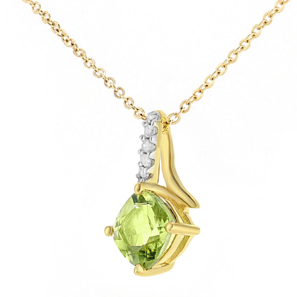 SPARKLD 9ct Yellow Gold Cushion Peridot Crossover 0.03ct Diamond Pendant Necklace