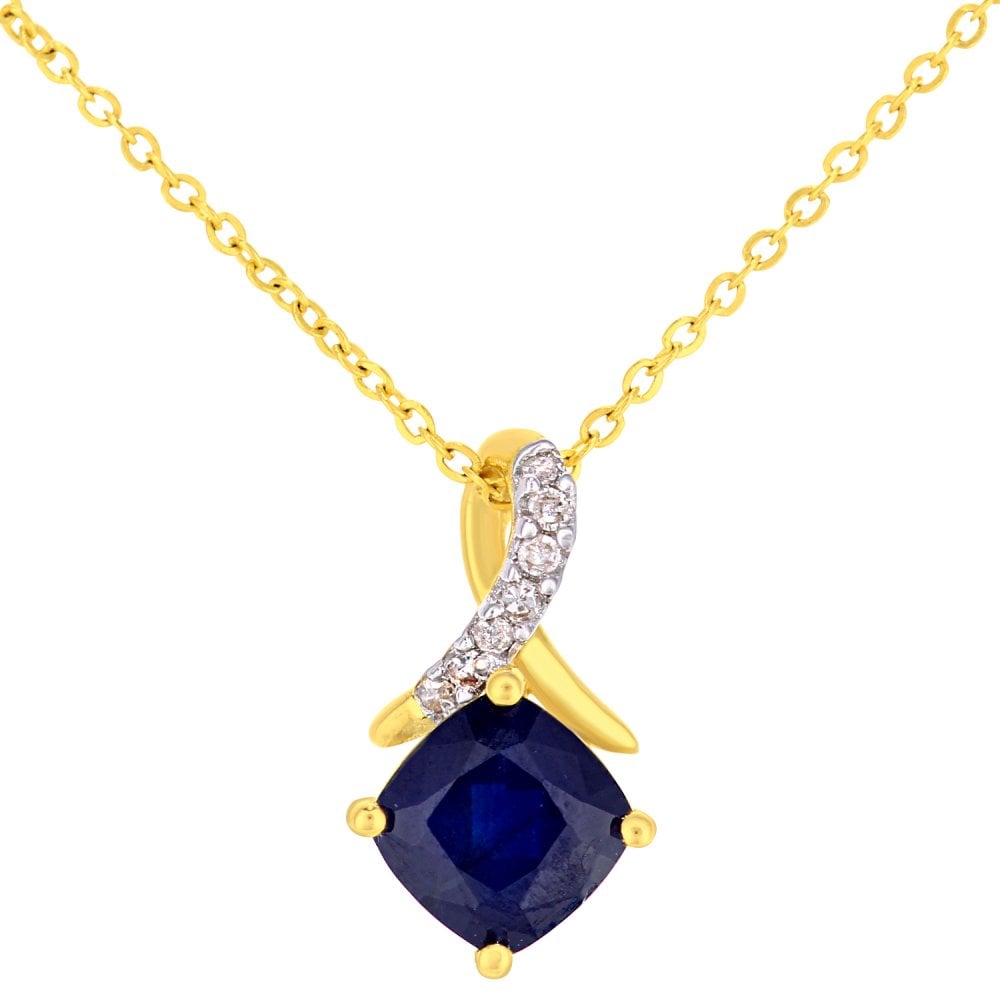 SPARKLD 9ct Yellow Gold Cushion Sapphire Crossover 0.02ct Diamond Pendant Necklace