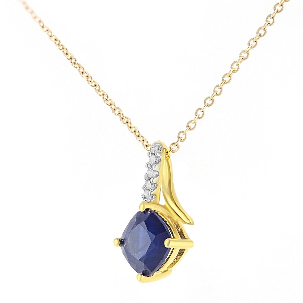 SPARKLD 9ct Yellow Gold Cushion Sapphire Crossover 0.02ct Diamond Pendant Necklace