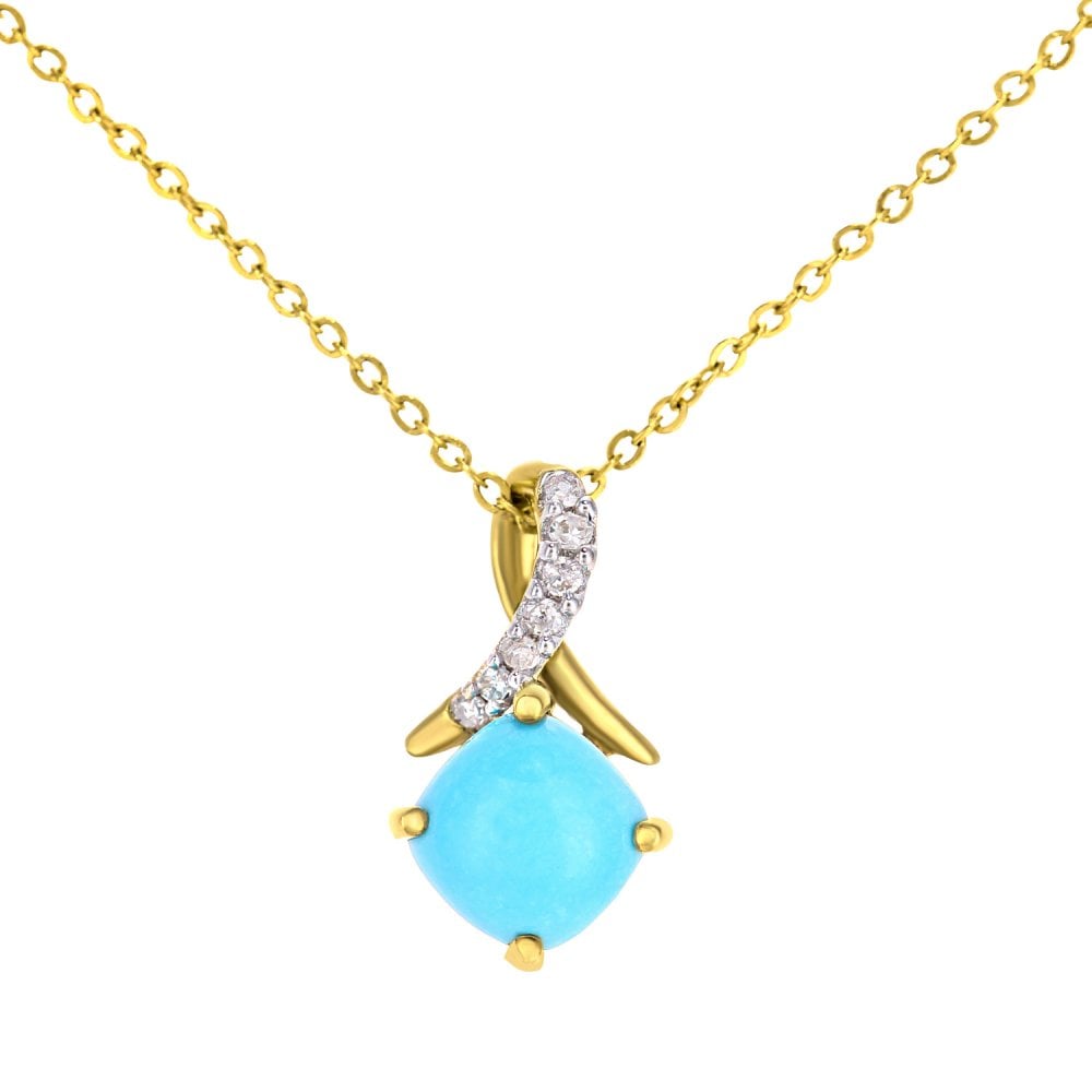 SPARKLD 9ct Yellow Gold Cushion Turquoise Crossover 0.02ct Diamond Pendant Necklace