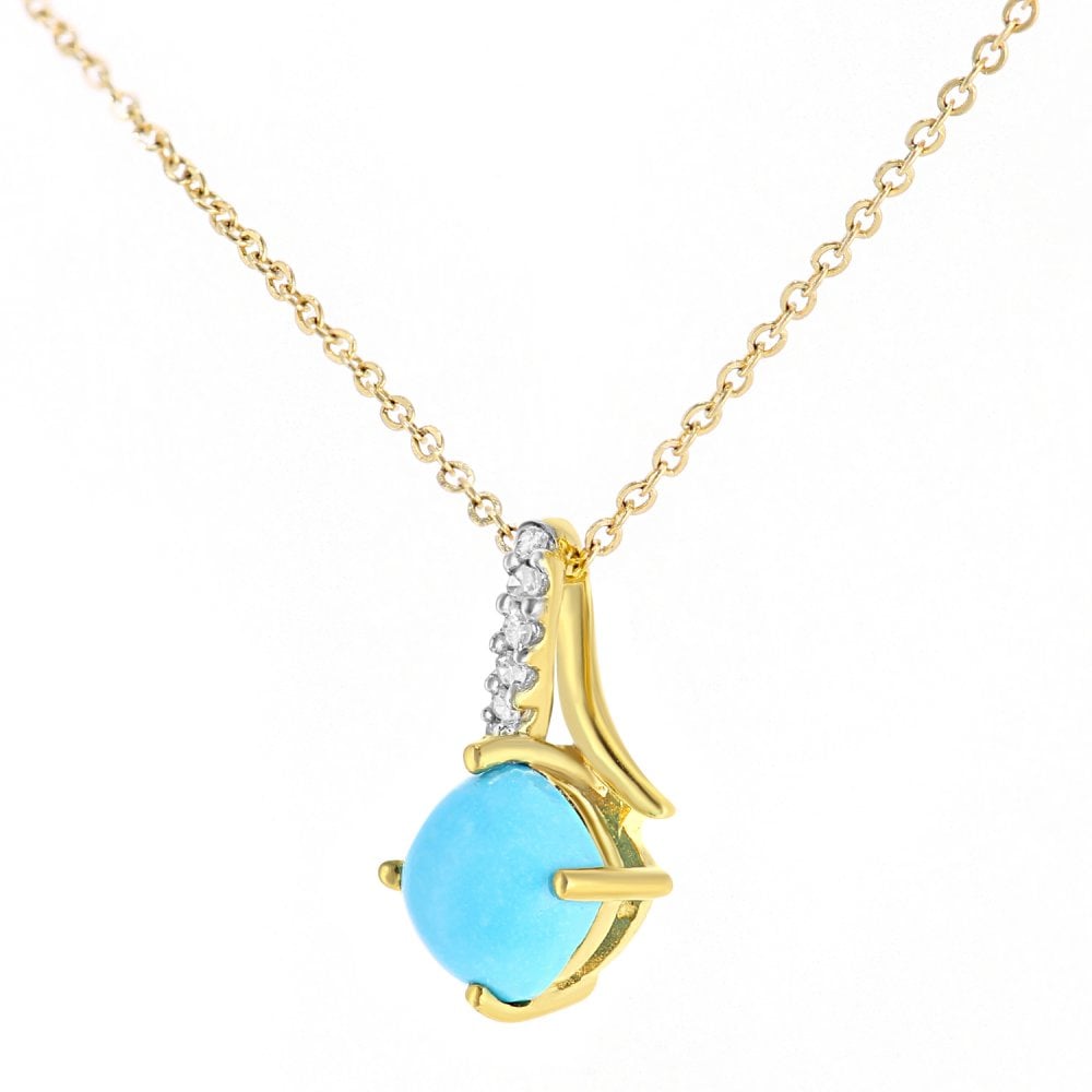 SPARKLD 9ct Yellow Gold Cushion Turquoise Crossover 0.02ct Diamond Pendant Necklace