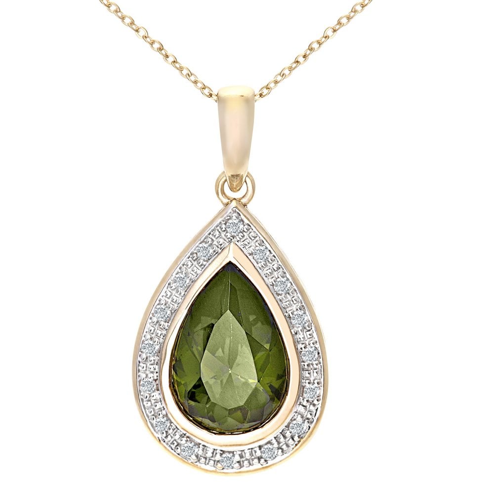 SPARKLD 9ct Yellow Gold CZ Peridot and 0.10ct Diamond Teardrop Halo Pendant Necklace