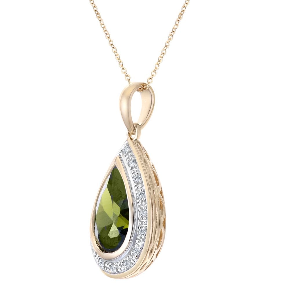 SPARKLD 9ct Yellow Gold CZ Peridot and 0.10ct Diamond Teardrop Halo Pendant Necklace
