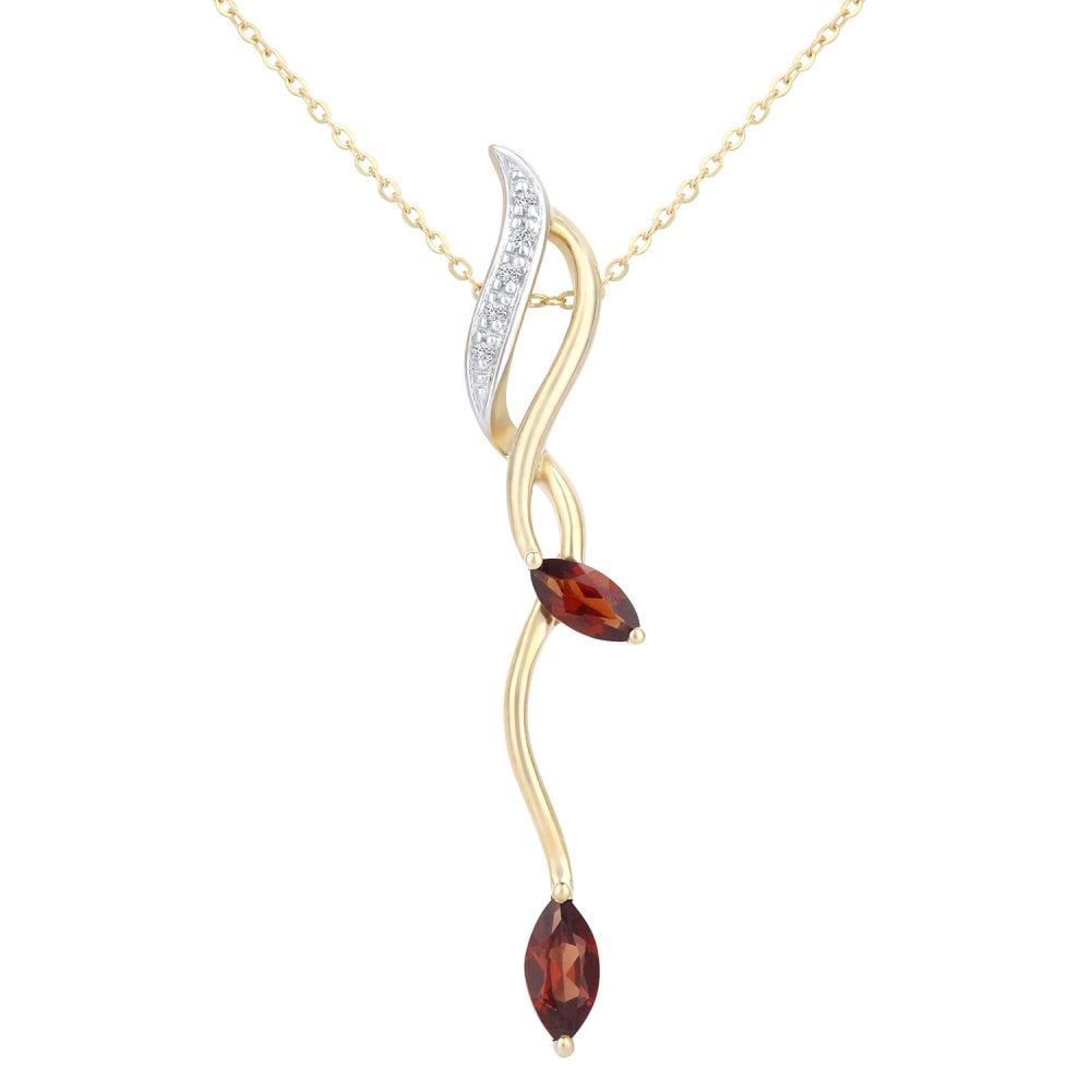 SPARKLD 9ct Yellow Gold Marquise Garnet and 0.02ct Diamond Pendant Necklace