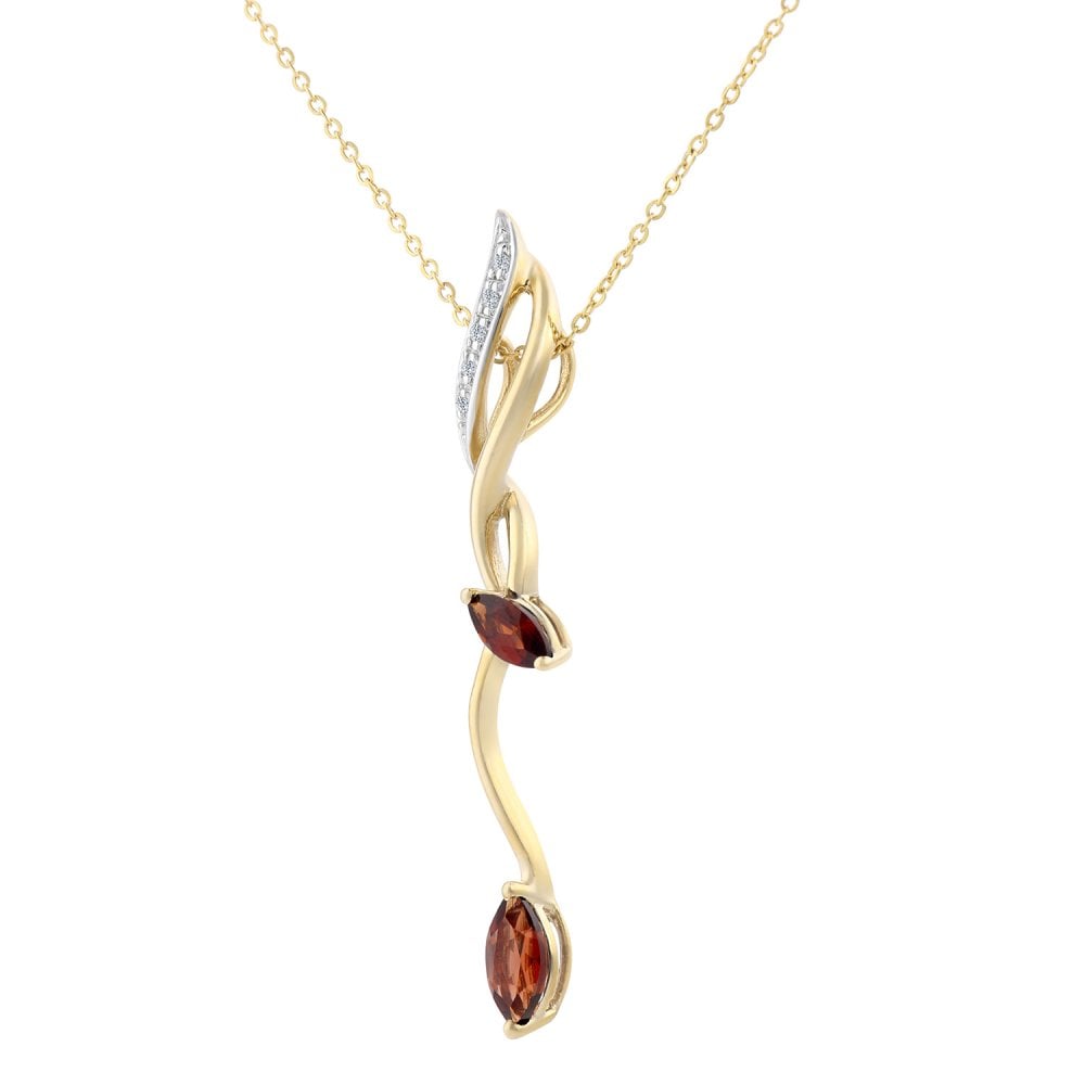 SPARKLD 9ct Yellow Gold Marquise Garnet and 0.02ct Diamond Pendant Necklace