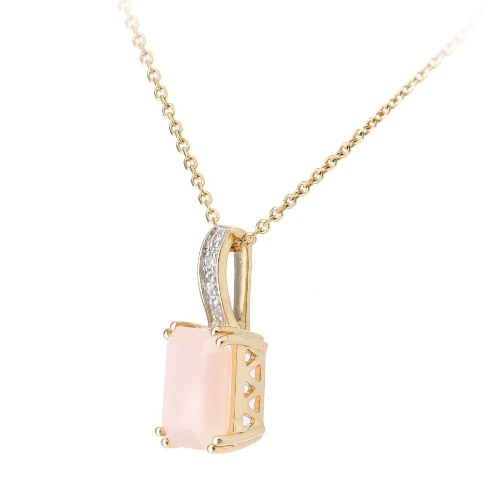 SPARKLD 9ct Yellow Gold Octagon Pink Opal and 0.02ct Diamond Pendant Necklace