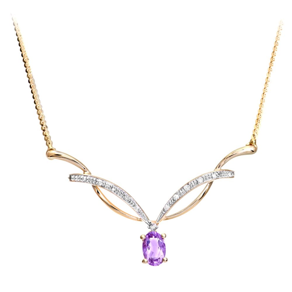 SPARKLD 9ct Yellow Gold Round 0.05ct Diamond and Amethyst Pendant Necklace of Length 46 cm