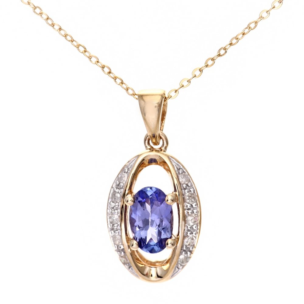 SPARKLD 9ct Yellow Gold Oval Tanzanite and 0.05ct Diamond Pendant Necklace