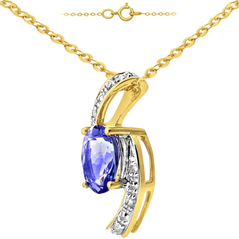 SPARKLD 9ct Yellow Gold Oval Tanzanite and 0.03ct Diamond Pendant Necklace