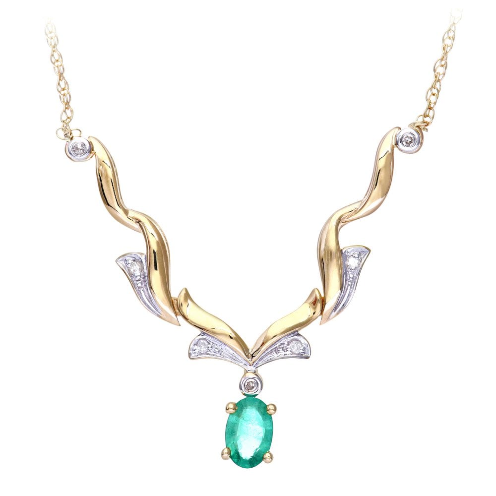 SPARKLD 9ct Yellow Gold 0.05ct Diamond and Emerald Necklace of length 46 cm