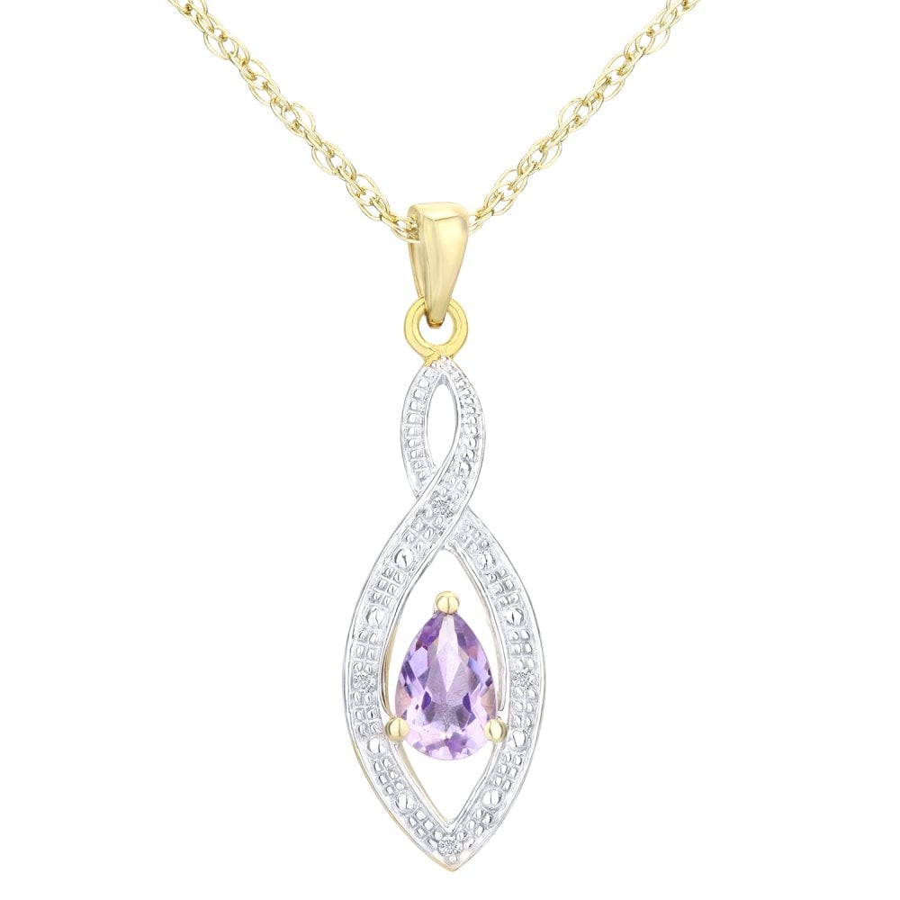 SPARKLD 9ct Yellow Gold Amethyst and 0.015ct Diamond Teardrop Pendant Necklace