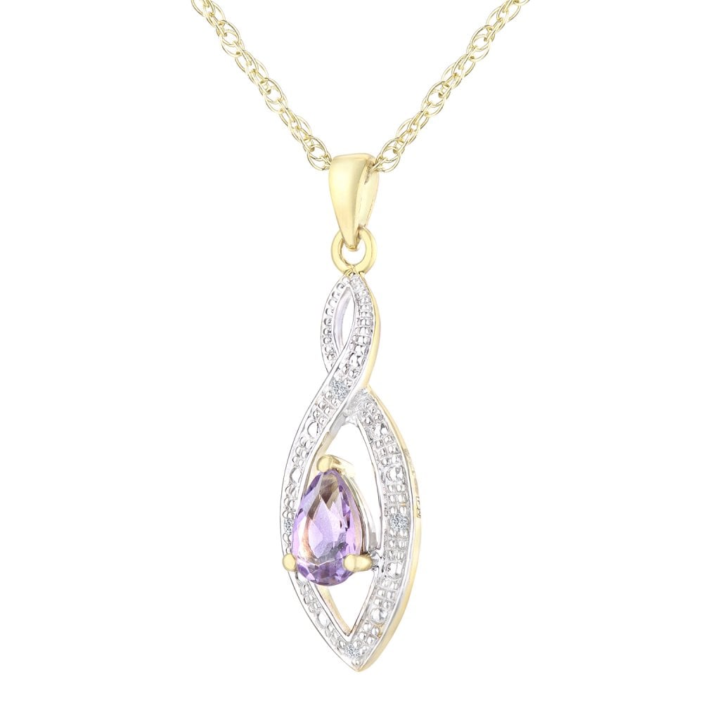 SPARKLD 9ct Yellow Gold Amethyst and 0.015ct Diamond Teardrop Pendant Necklace