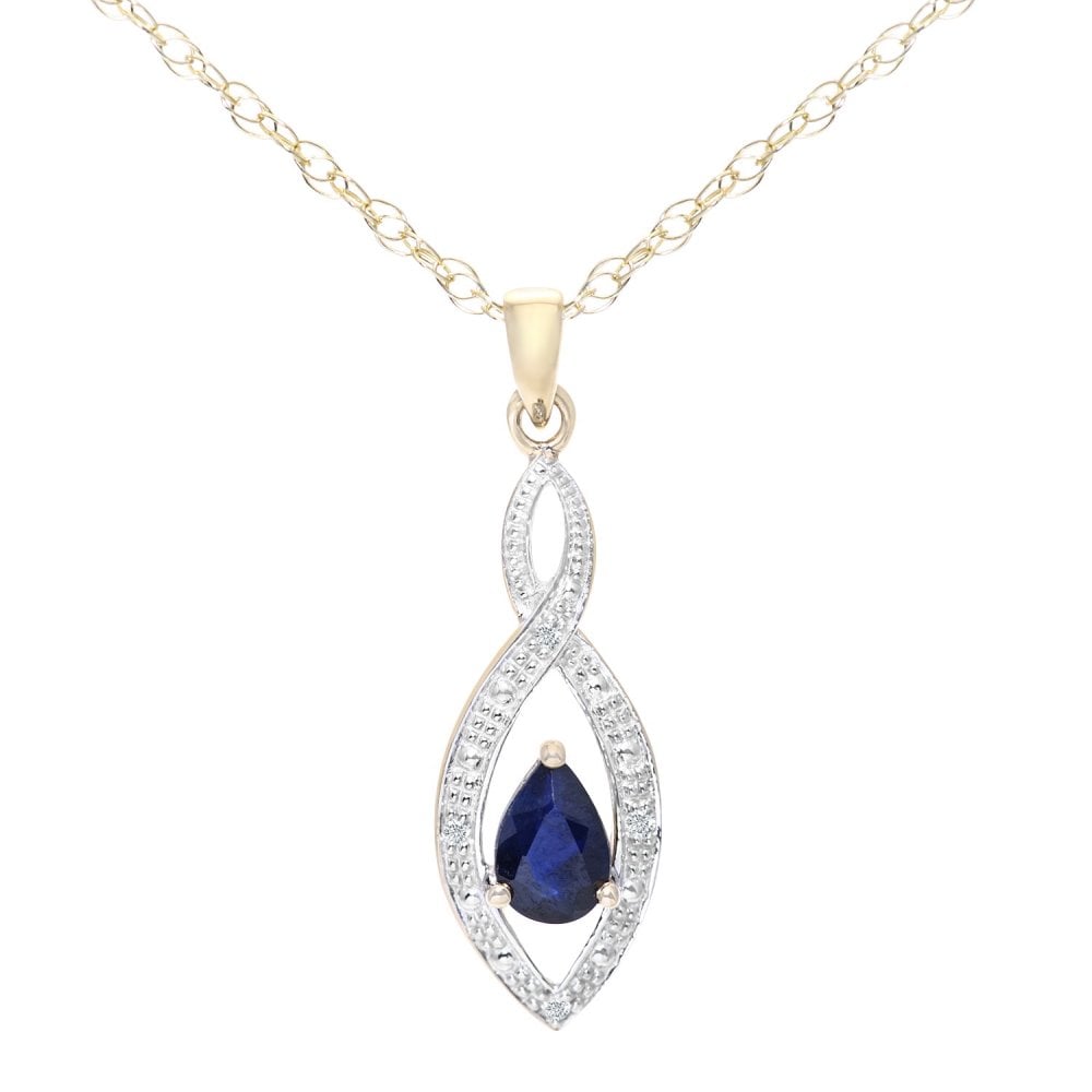 SPARKLD 9ct Yellow Gold Sapphire and 0.015ct Diamond Teardrop Pendant Necklace
