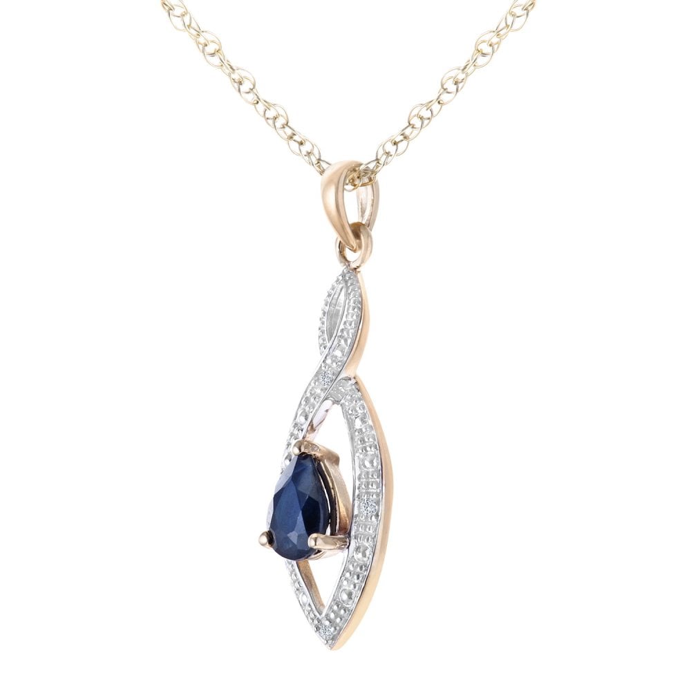 SPARKLD 9ct Yellow Gold Sapphire and 0.015ct Diamond Teardrop Pendant Necklace