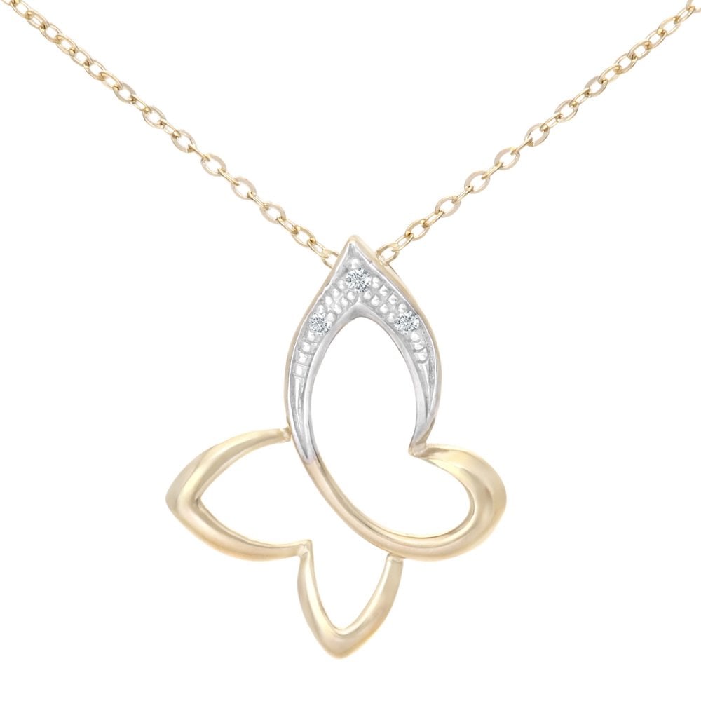 SPARKLD 9ct Yellow Gold 0.01ct Diamond Butterfly Pendant Necklace
