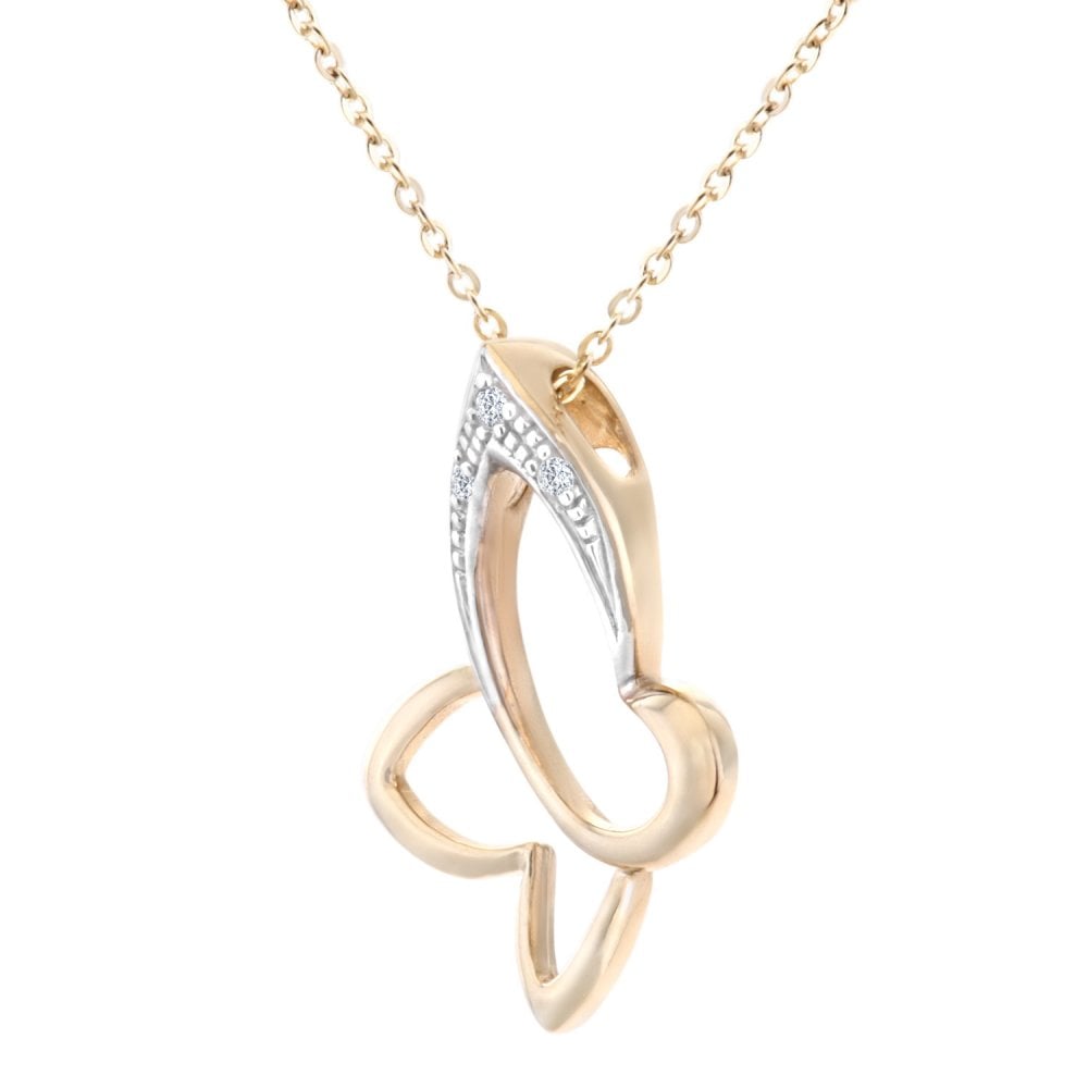 SPARKLD 9ct Yellow Gold 0.01ct Diamond Butterfly Pendant Necklace